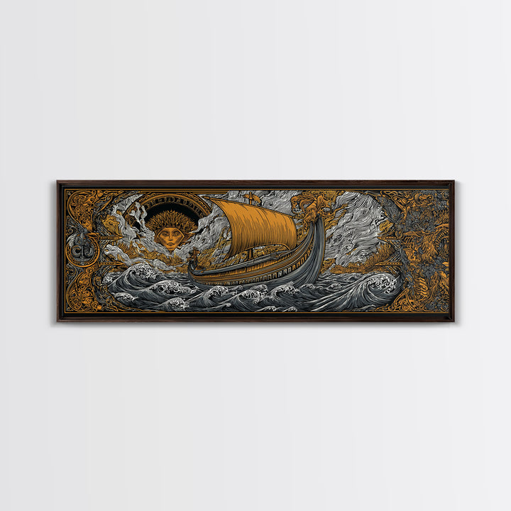 Mythological Sun Face And Ancient Ship, Epic Sea Voyage Decorative Wall Artwork, Gold Canvas Print, Real Wood Frame Decor