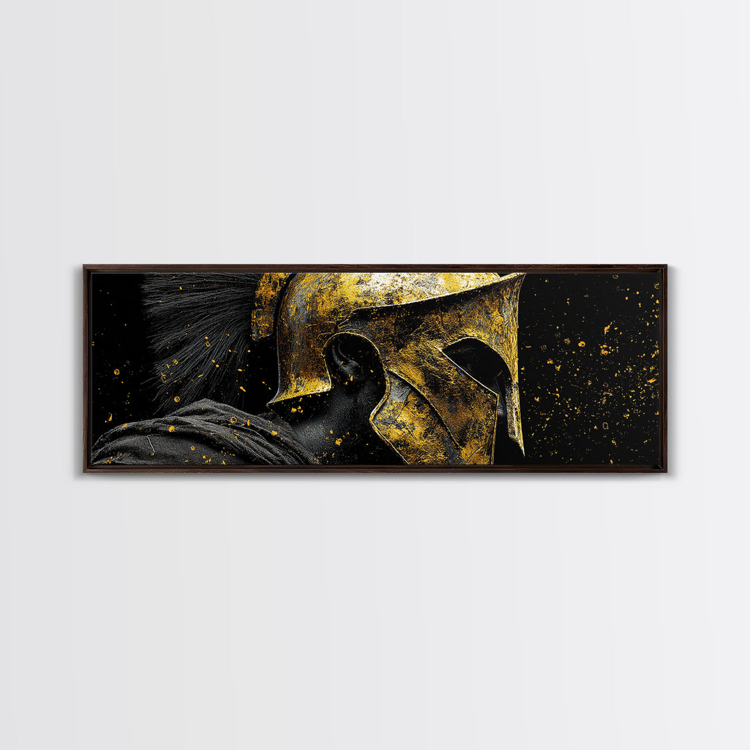 Spartan Warrior Helmet, Ancient Greek Mythological Armor Decorative Artwork, Gold Canvas Print, Real Wood Frame Wall Art