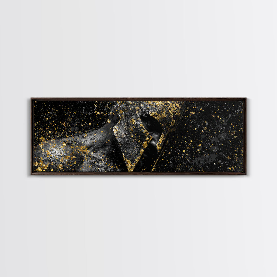 Abstract Spartan Helmet, Mythological Greek Warrior Armor Decorative Wall Artwork, Gold Canvas Print, Real Wood Frame Decor