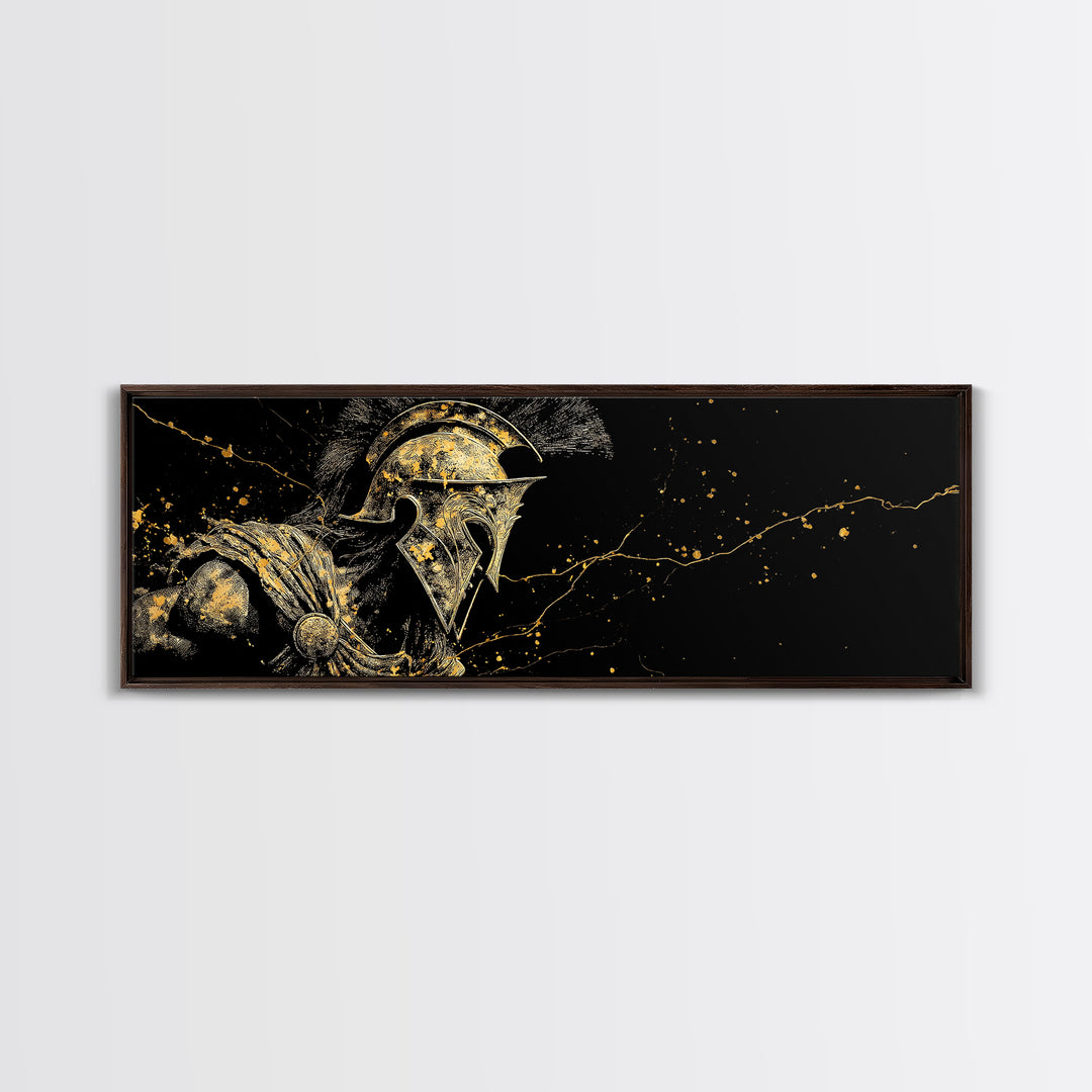 Detailed Spartan Warrior Helmet, Ancient Greek Mythological Armor Decorative Artwork, Gold Canvas Print, Real Wood Frame Art