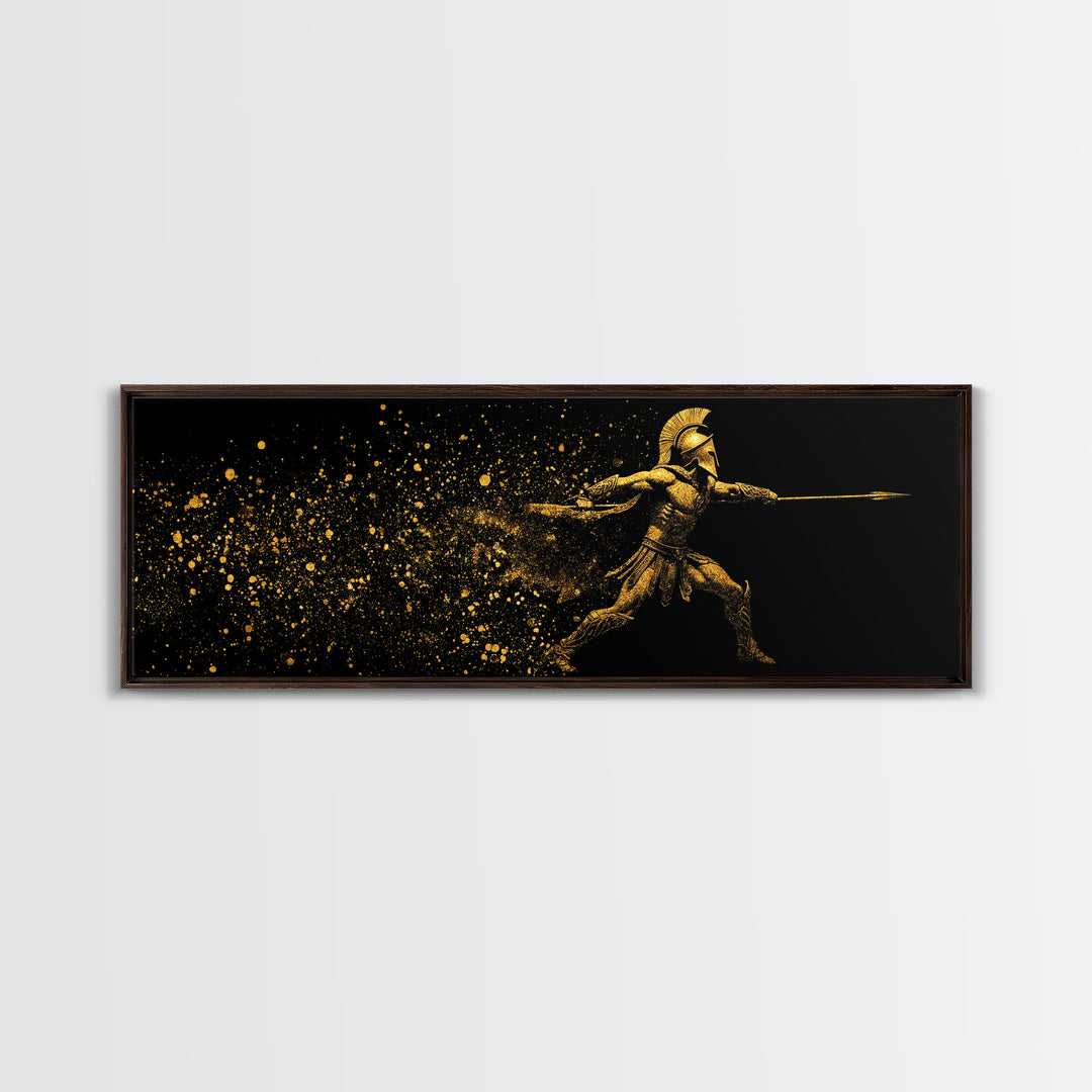 Greek Warrior Throwing Spear, Mythological Spartan Hero Battle Scene Artwork, Gold Canvas Print, Real Wood Frame Wall Decor