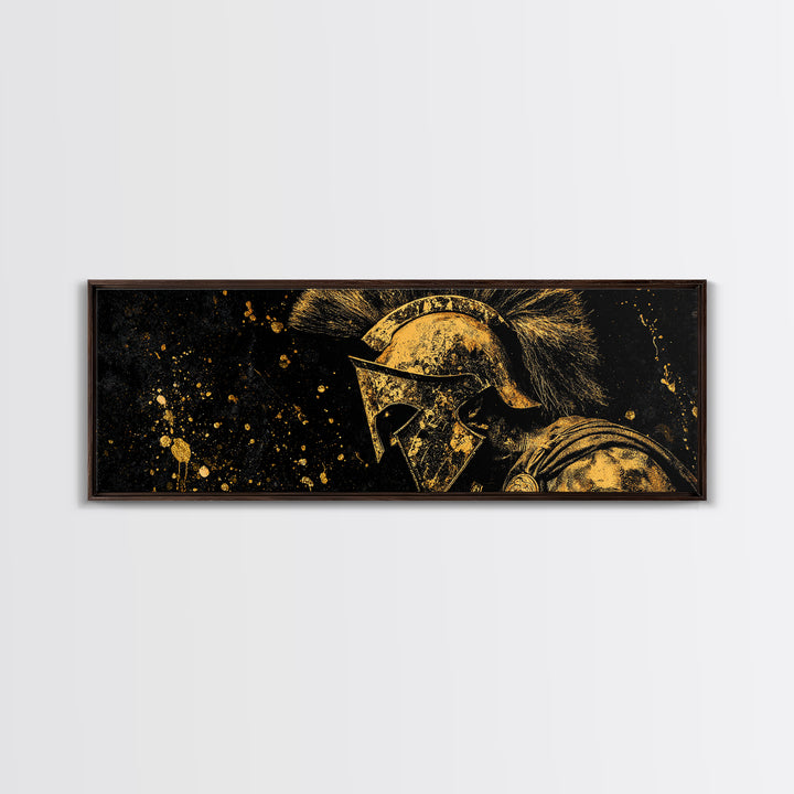Spartan Helmet Portrait, Ancient Greek Warrior Symbol Of Strength Decorative Artwork, Gold Canvas Print, Real Wood Frame Art