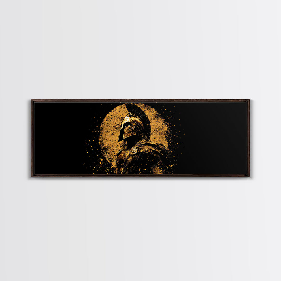 Heroic Spartan Warrior, Ancient Greek Mythological Armor Symbol Decorative Artwork, Gold Canvas Print, Real Wood Frame Wall Art