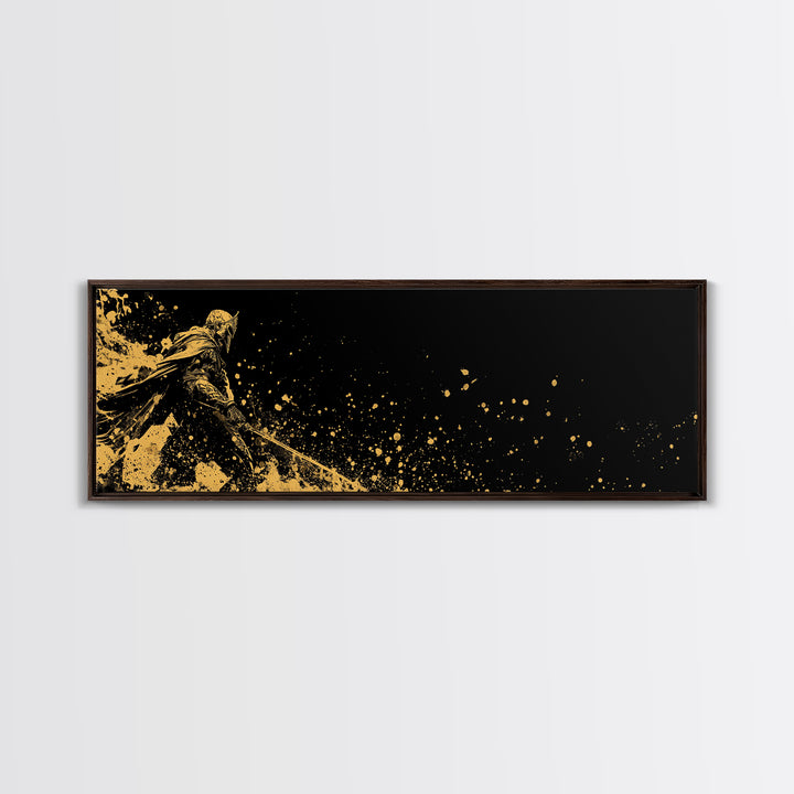Spartan Warrior Battle Pose, Ancient Greek Hero With Sword Decorative Wall Artwork, Gold Canvas Print, Real Wood Frame Decor