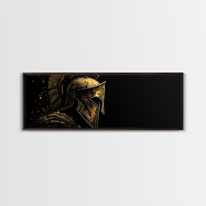 Spartan Helmet Profile, Ancient Greek Mythological Warrior Armor Decorative Artwork, Gold Canvas Print, Real Wood Frame Wall Art