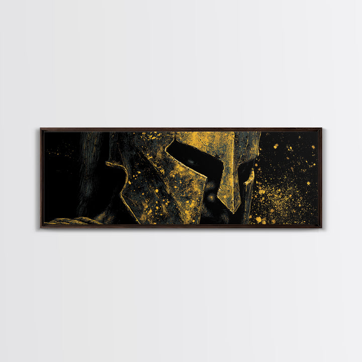 Spartan Warrior Close Up, Ancient Greek Helmet Portrait Decorative Wall Artwork, Gold Canvas Print, Real Wood Frame Decor
