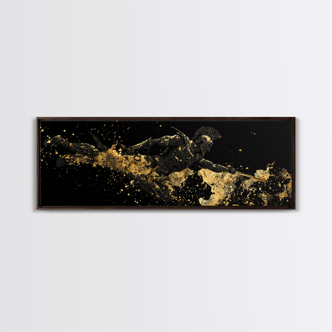Spartan Warrior Leaping, Ancient Greek Heroic Battle Scene Decorative Wall Artwork, Gold Canvas Print, Real Wood Frame Decor
