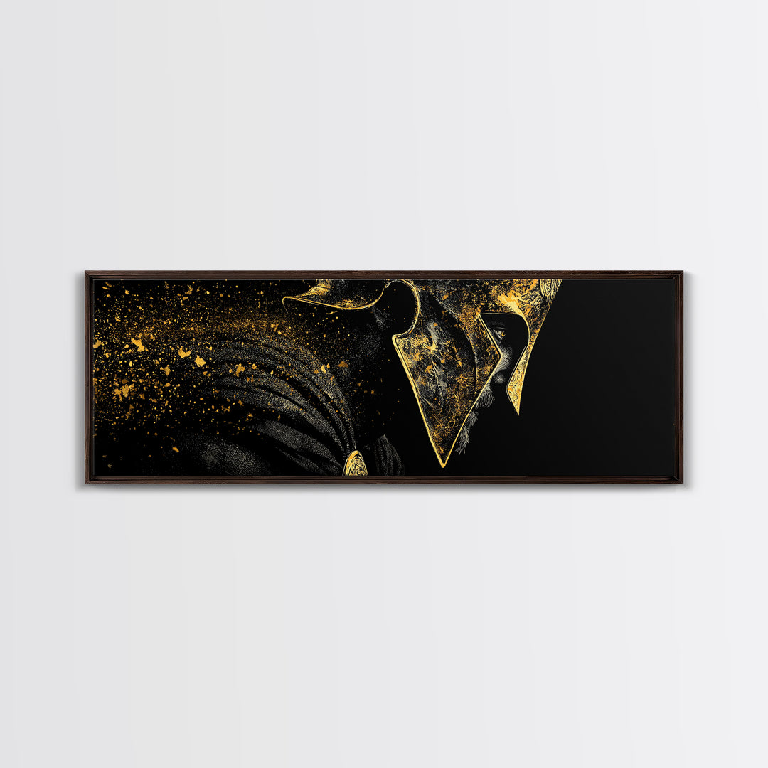 Spartan Helmet Side View, Mythological Greek Warrior Armor Decorative Wall Artwork, Gold Canvas Print, Real Wood Frame Art