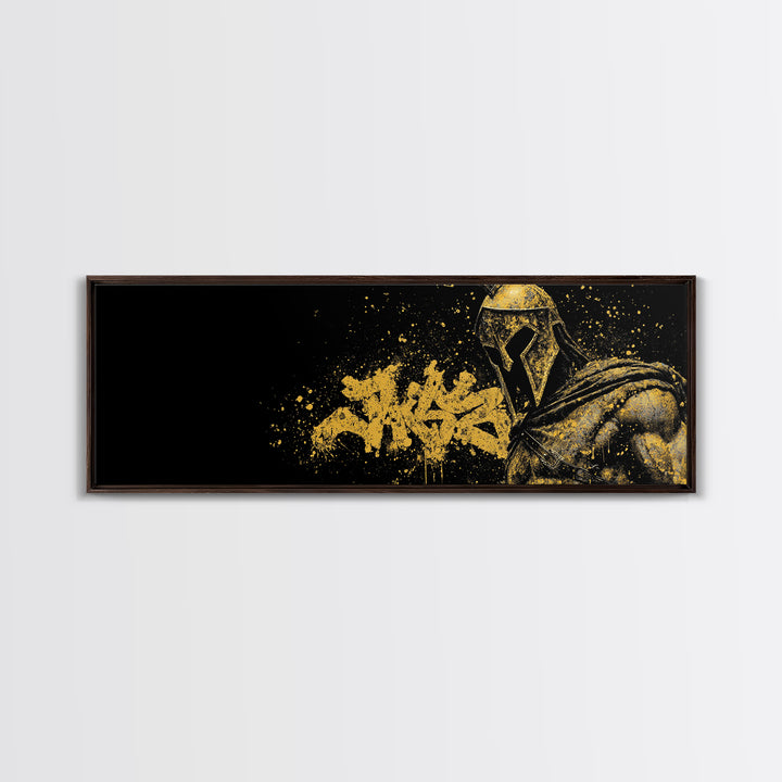 Greek Warrior Portrait, Ancient Spartan Helmet With Symbolic Cloak Artwork, Gold Canvas Print, Real Wood Frame Wall Decor