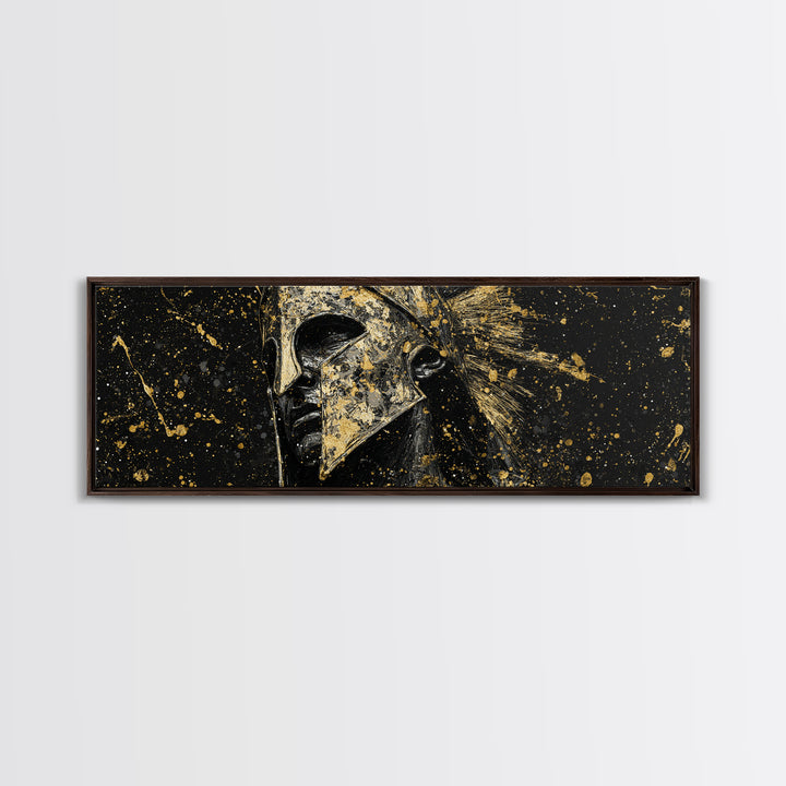 Spartan Helmet And Graffiti, Mythological Greek Warrior Decorative Wall Artwork, Gold Canvas Print, Real Wood Frame Wall Art