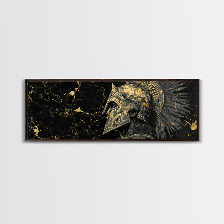 Greek Helmet Portrait, Ancient Spartan Mythological Warrior Decorative Artwork, Gold Canvas Print, Real Wood Frame Wall Decor