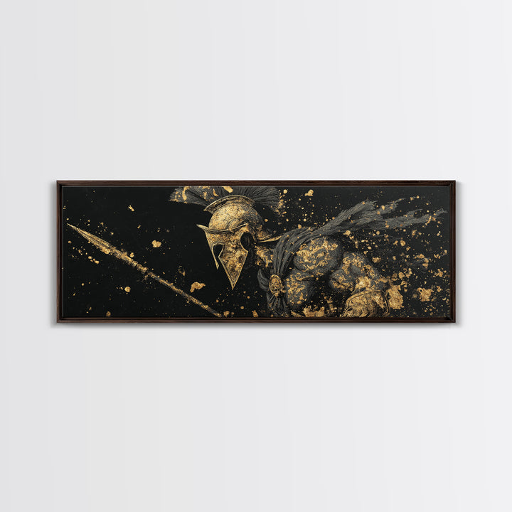 Spartan Helmet Detailed Profile, Ancient Greek Warrior Decorative Wall Artwork, Gold Canvas Print, Real Wood Frame Wall Decor