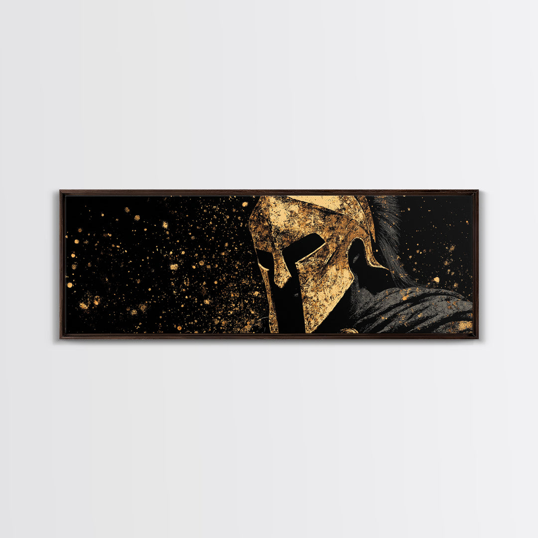 Spartan Warrior In Battle, Ancient Greek Hero Decorative Wall Artwork, Gold Canvas Print, Real Wood Frame Wall Decor