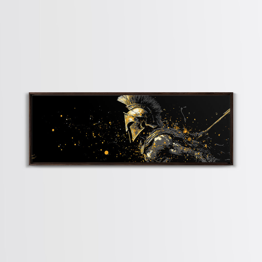 Greek Warrior In Battle Stance, Mythological Spartan Hero Decorative Artwork, Gold Canvas Print, Real Wood Frame Wall Art