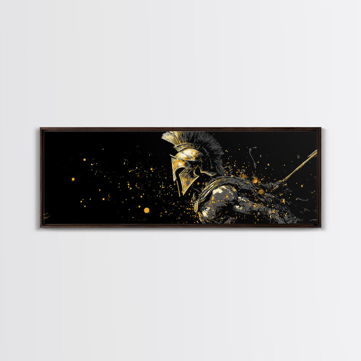 Greek Warrior In Battle Stance, Mythological Spartan Hero Decorative Artwork, Gold Canvas Print, Real Wood Frame Wall Art