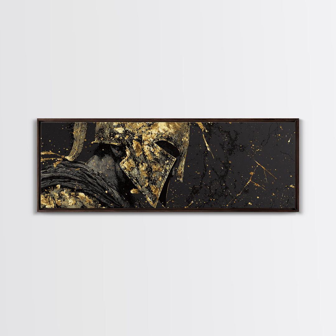 Greek Warrior Close Up, Spartan Mythological Armor Decorative Wall Artwork, Gold Canvas Print, Real Wood Frame Wall Decor