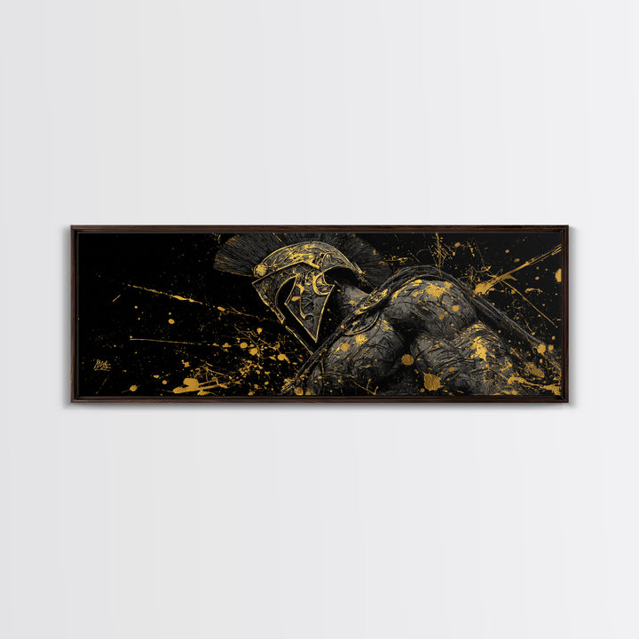 Detailed Spartan Helmet, Ancient Greek Mythological Warrior Decorative Artwork, Gold Canvas Print, Real Wood Frame Wall Art