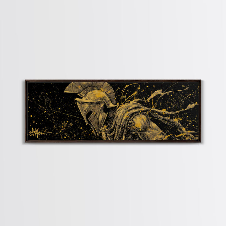 Greek Warrior Battle Pose, Ancient Spartan Hero Decorative Wall Artwork, Gold Canvas Print, Real Wood Frame Wall Decor