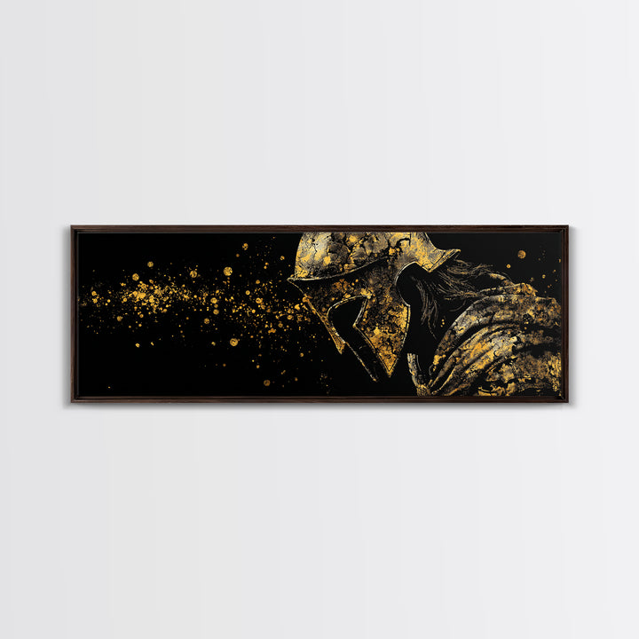 Greek Warrior With Cloak, Ancient Spartan Helmet Decorative Wall Artwork, Gold Canvas Print, Real Wood Frame Wall Decor