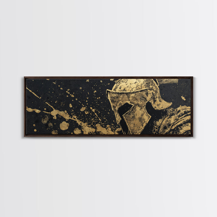 Spartan Helmet Warrior Portrait, Ancient Greek Heroic Symbol Decorative Artwork, Gold Canvas Print, Real Wood Frame Wall Decor