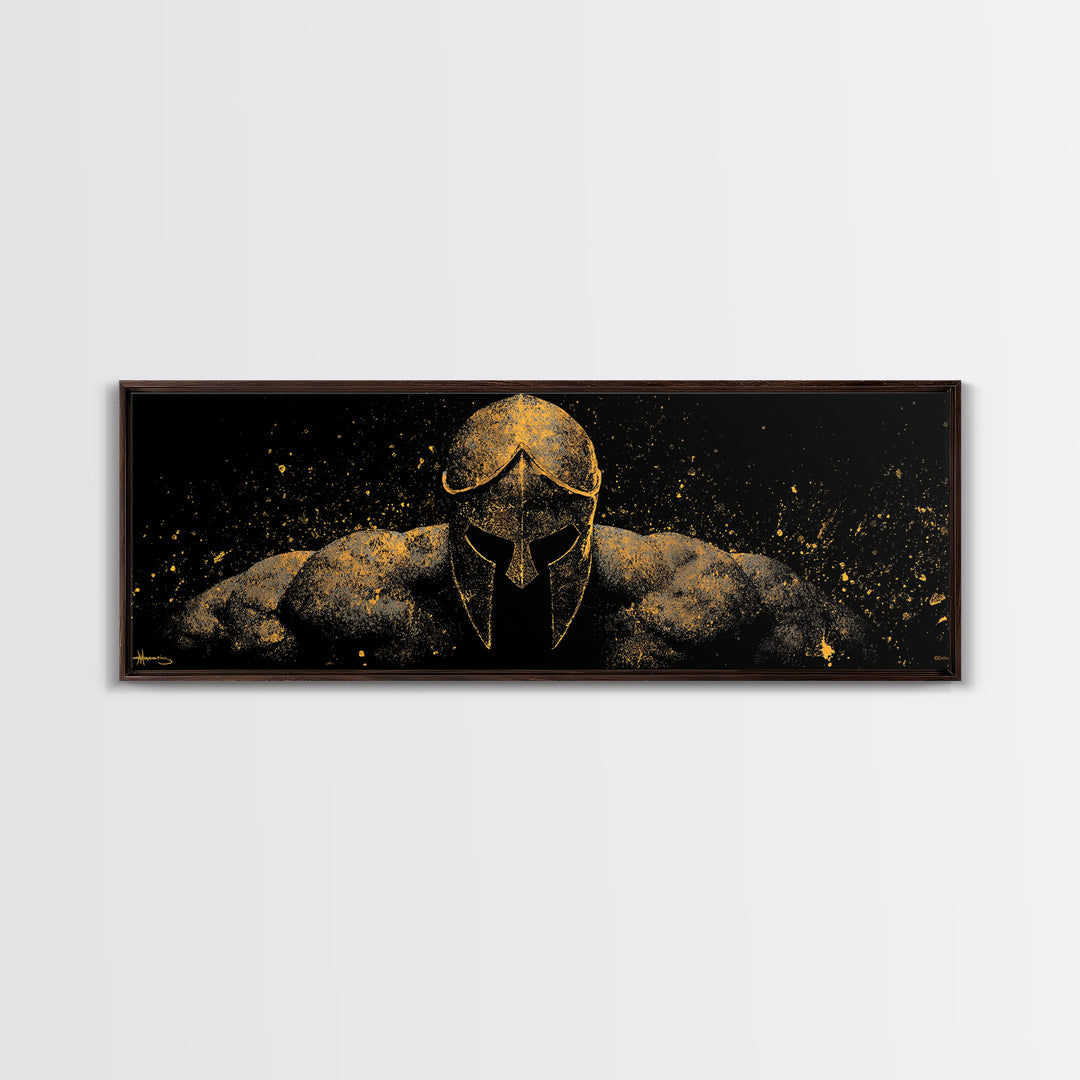 Spartan Warrior Front View, Ancient Greek Helmet Strength Symbol Decorative Artwork, Gold Canvas Print, Real Wood Frame Art