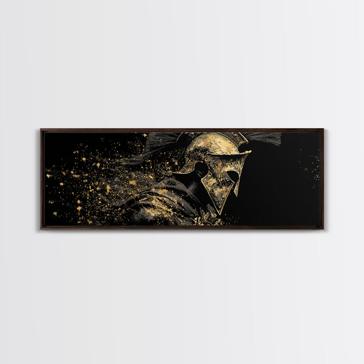 Greek Warrior Side Portrait, Ancient Spartan Helmet Mythological Decorative Artwork, Gold Canvas Print, Real Wood Frame Decor