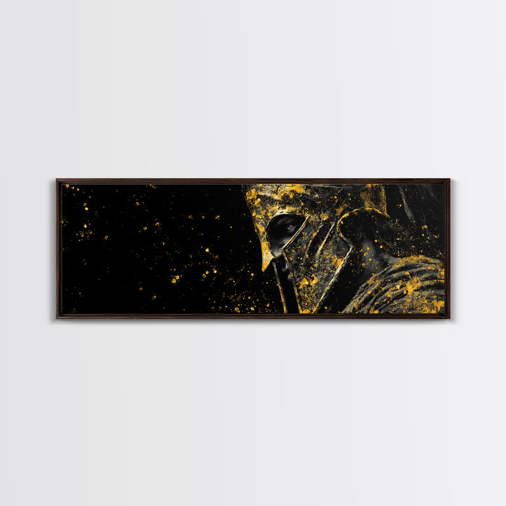 Spartan Helmet Warrior Portrait, Ancient Greek Armor Decorative Artwork, Gold Canvas Print, Real Wood Frame Wall Decor