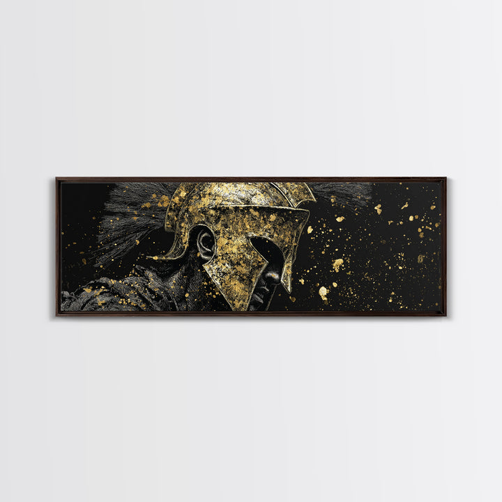 Greek Warrior Side View, Ancient Spartan Helmet With Cloak Decorative Artwork, Gold Canvas Print, Real Wood Frame Wall Decor