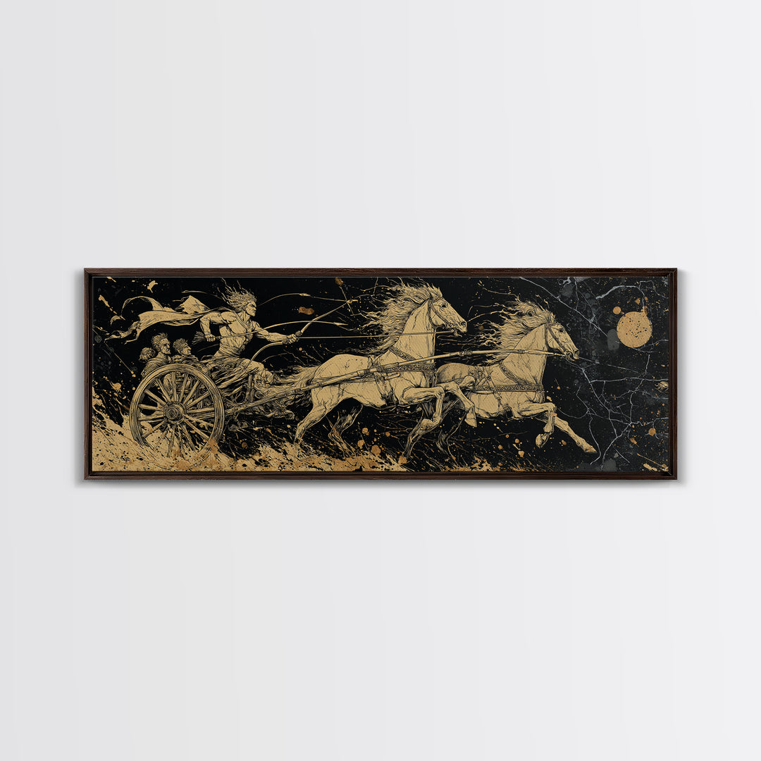 Ancient Chariot Rider, Mythical Warrior Battle Scene Wall Decor, Gold Canvas Print, Real Wood Frame Art