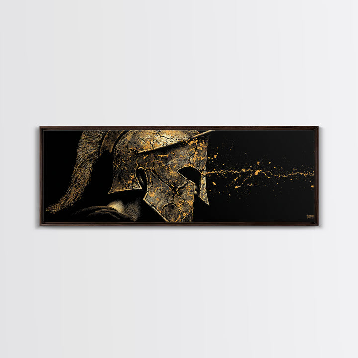 Spartan Warrior Detailed Helmet, Ancient Greek Hero Symbolic Decorative Artwork, Gold Canvas Print, Real Wood Frame Wall Decor