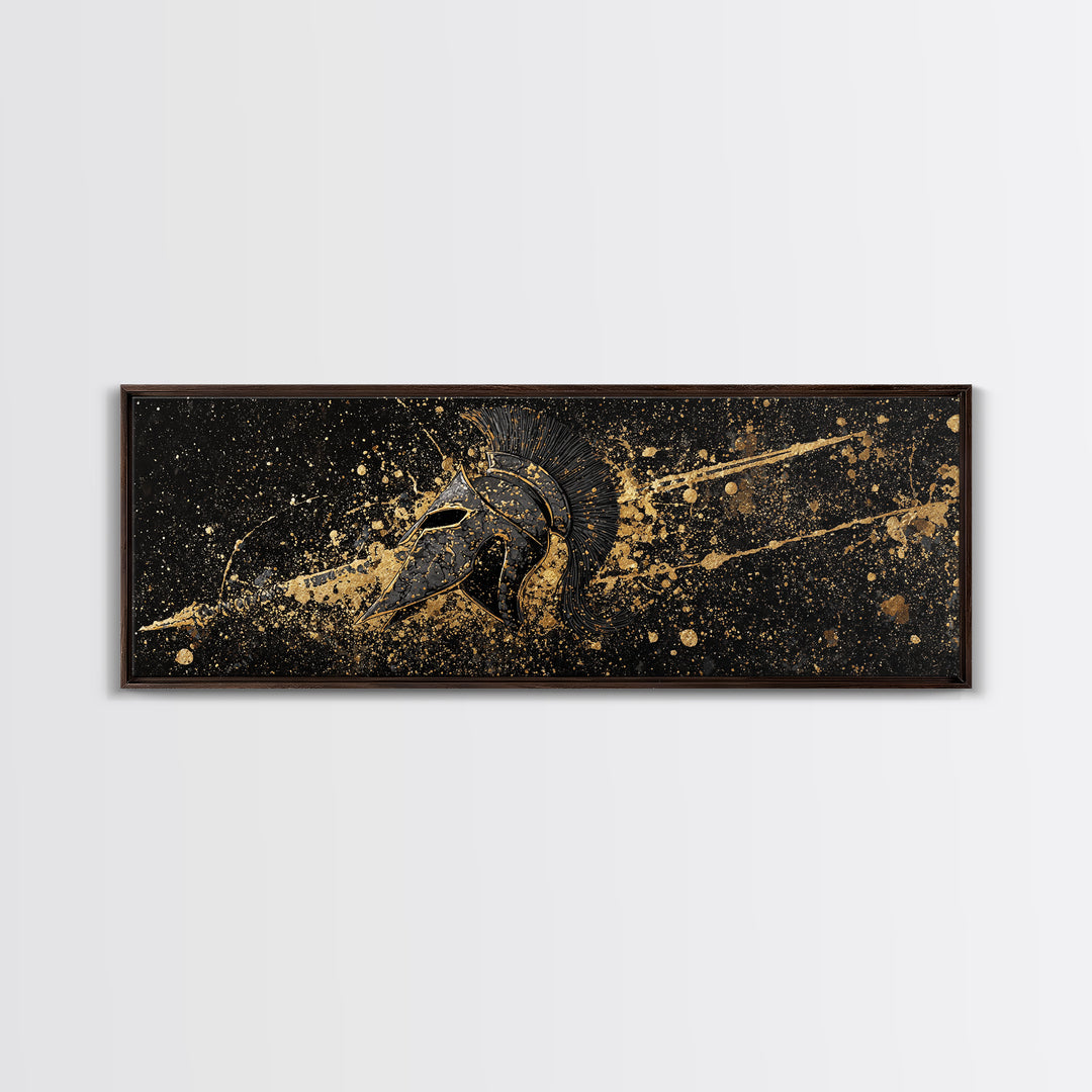 Spartan Helmet Splatter Artwork, Ancient Greek Warrior Mythological Symbol Decorative Art, Gold Canvas Print, Real Wood Frame