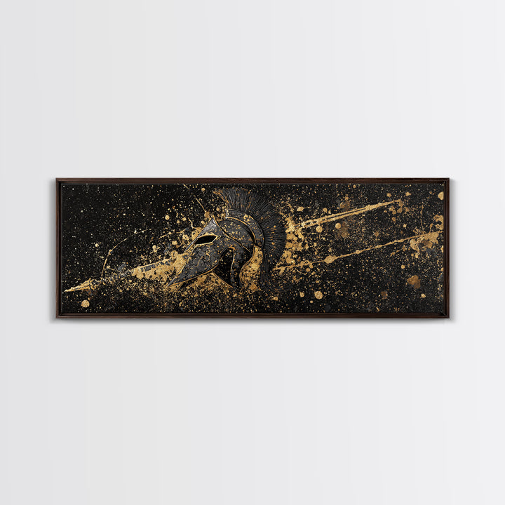 Spartan Helmet Splatter Artwork, Ancient Greek Warrior Mythological Symbol Decorative Art, Gold Canvas Print, Real Wood Frame