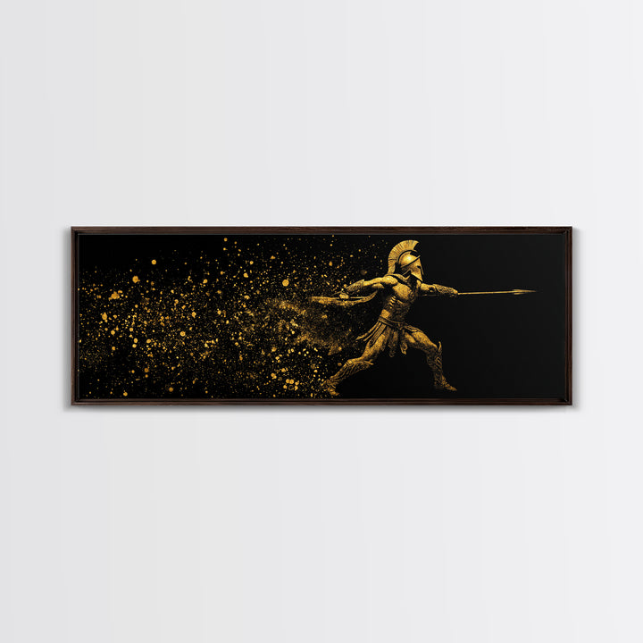 Greek Warrior With Spear, Ancient Spartan Heroic Battle Scene Decorative Artwork, Gold Canvas Print, Real Wood Frame Wall Art