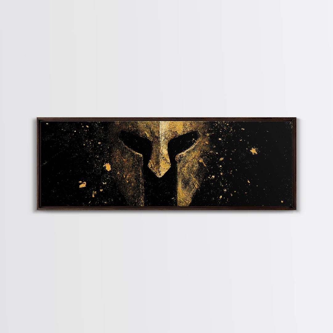 Spartan Helmet Close Detail, Ancient Greek Warrior Decorative Mythological Artwork, Gold Canvas Print, Real Wood Frame Wall Art