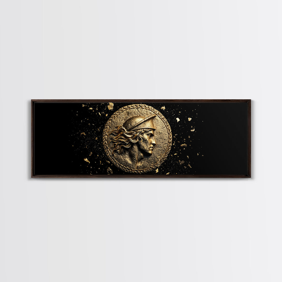 Ancient Greek Coin Relief Portrait, Historical Mythology Gold Canvas Print, Classical Wall Art, Real Wood Frame