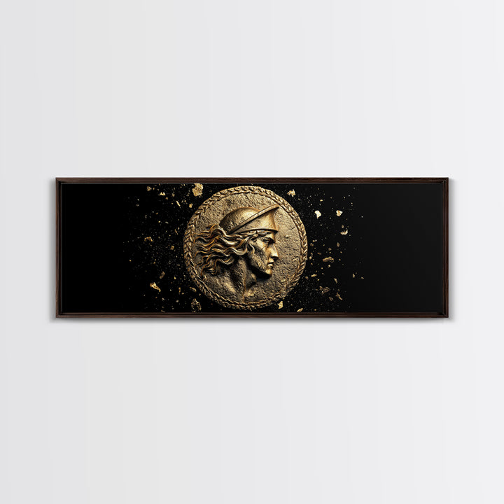 Ancient Greek Coin Relief Portrait, Historical Mythology Gold Canvas Print, Classical Wall Art, Real Wood Frame