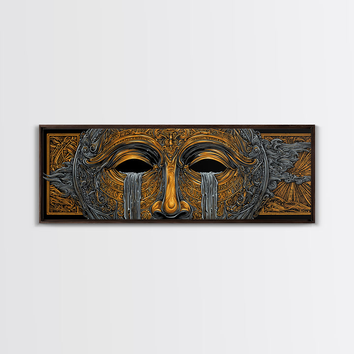 Mythical Golden Mask Illustration, Surreal Greek Inspired Gold Canvas Print, Fantasy Wall Art, Real Wood Frame