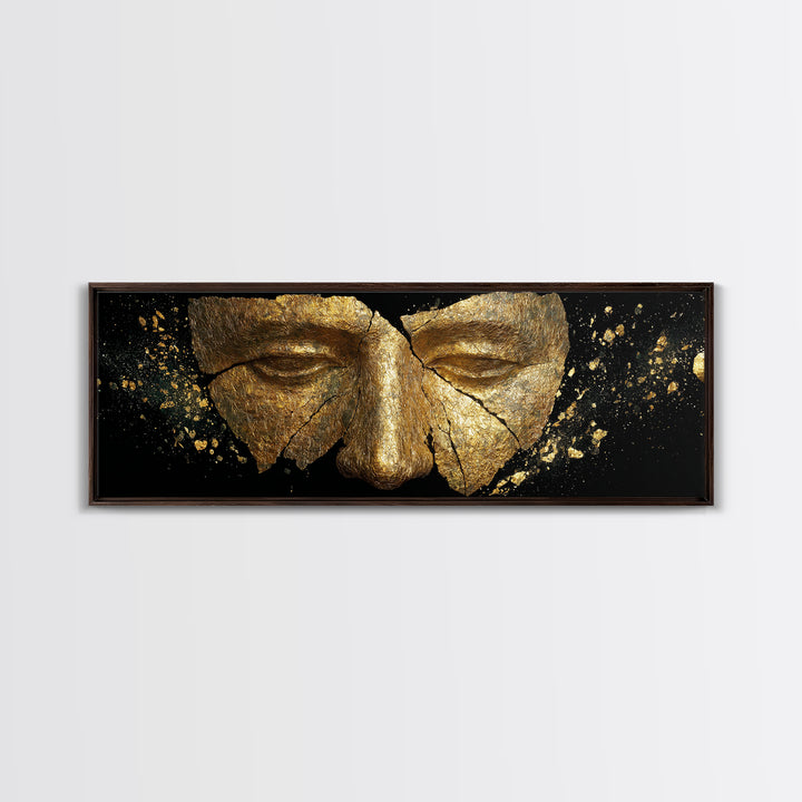 Cracked Ancient Golden Mask, Mythological Relic Gold Canvas Print, Unique Fantasy Wall Art, Real Wood Frame