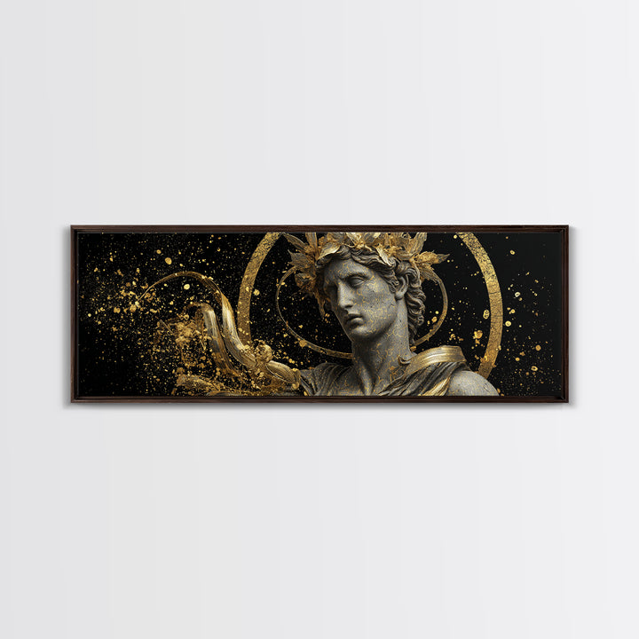 Apollo Bust With Golden Halo, Ancient Greek God Gold Canvas Print, Mythology Sculpture Wall Art, Real Wood Frame