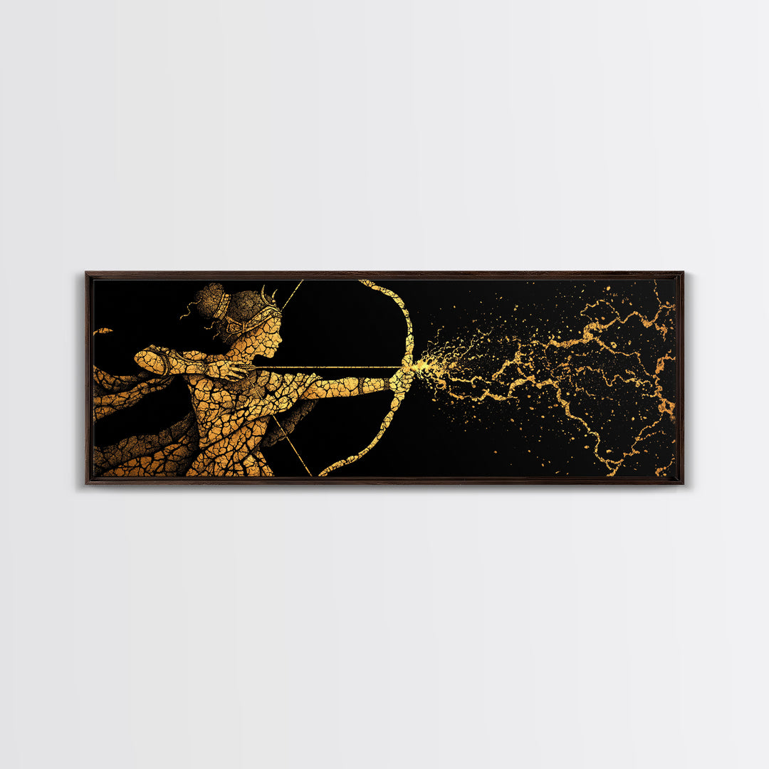 Artemis Golden Archer Illustration, Ancient Greek Goddess Gold Canvas Print, Mythology Wall Art, Real Wood Frame