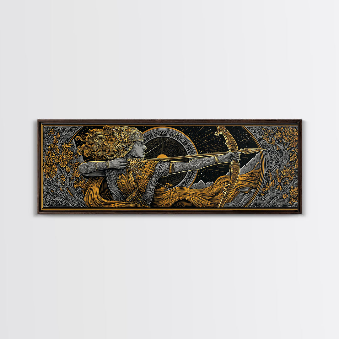 Greek Goddess Artemis With Bow, Mythological Archer Gold Canvas Print, Fantasy Wall Art, Real Wood Frame