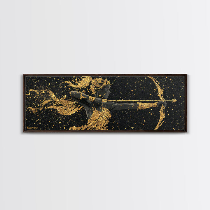 Celestial Artemis Archer Artwork, Mythology Inspired Gold Canvas Print, Greek Goddess Wall Art, Real Wood Frame