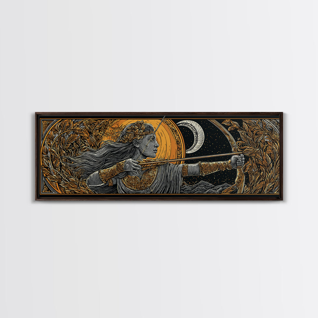 Artemis Moon Goddess Archer, Mythology Inspired Gold Canvas Print, Greek Goddess Wall Art, Real Wood Frame