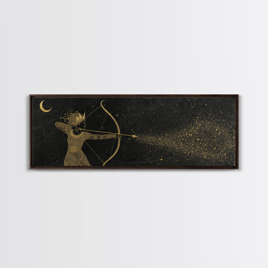 Celestial Artemis Shooting Stars, Ancient Greek Goddess Gold Canvas Print, Mythology Wall Art, Real Wood Frame