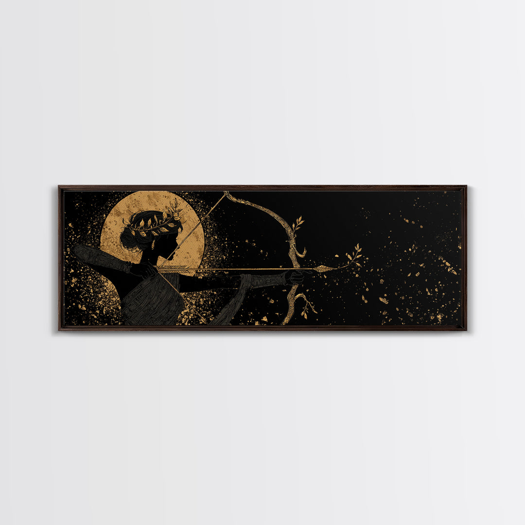 Divine Artemis With Bow And Moon, Mythology Inspired Gold Canvas Print, Goddess Wall Art, Real Wood Frame