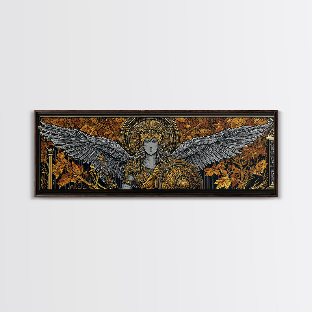 Athena With Wings And Shield, Ancient Greek Goddess Gold Canvas Print, Mythology Warrior Wall Art, Real Wood Frame