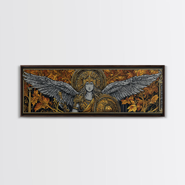 Athena With Wings And Shield, Ancient Greek Goddess Gold Canvas Print, Mythology Warrior Wall Art, Real Wood Frame