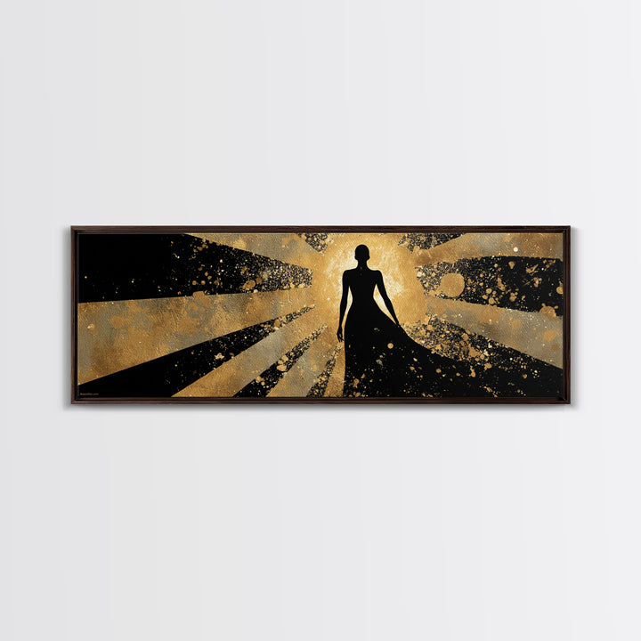 Divine Goddess Silhouette, Radiant Light Rays Wall Decor, Gold Canvas Print, Luxury Mythology Art, Real Wood Frame