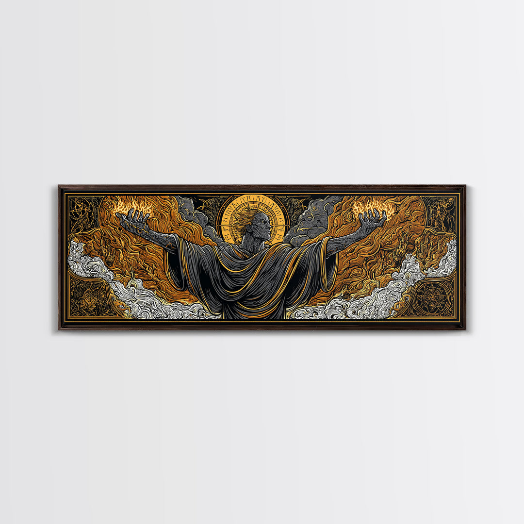 Ancient Titan With Flames, Mythology God Wall Art, Gold Canvas Print, Dramatic Greek Decor, Real Wood Frame