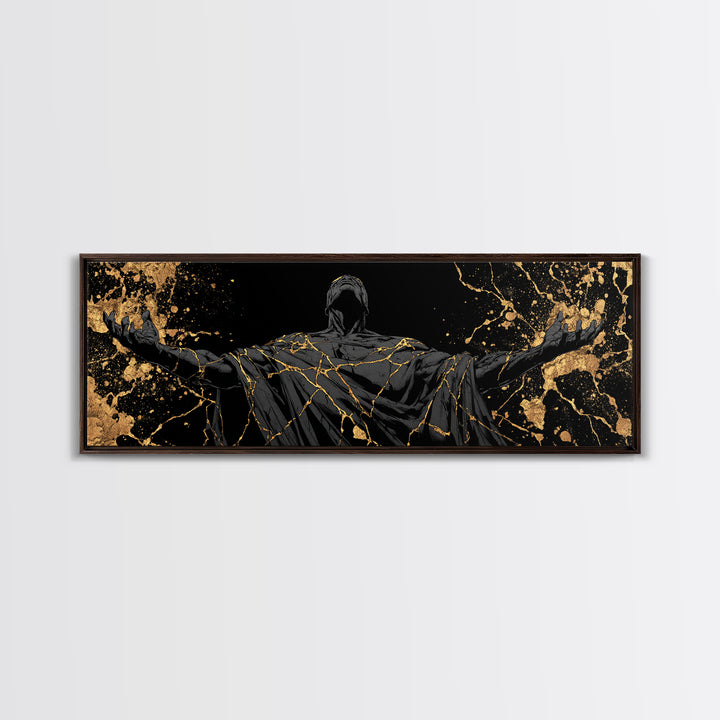 Broken God Kintsugi Style, Abstract Mythology Figure, Gold Canvas Print, Elegant Modern Wall Art, Real Wood Frame